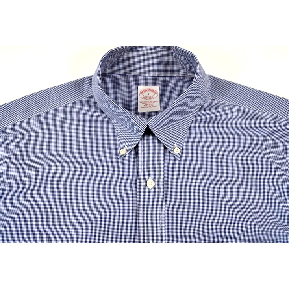 Brooks Brothers Shirt Men's Size L Blue & White‎ Micro Check Short Sleeves